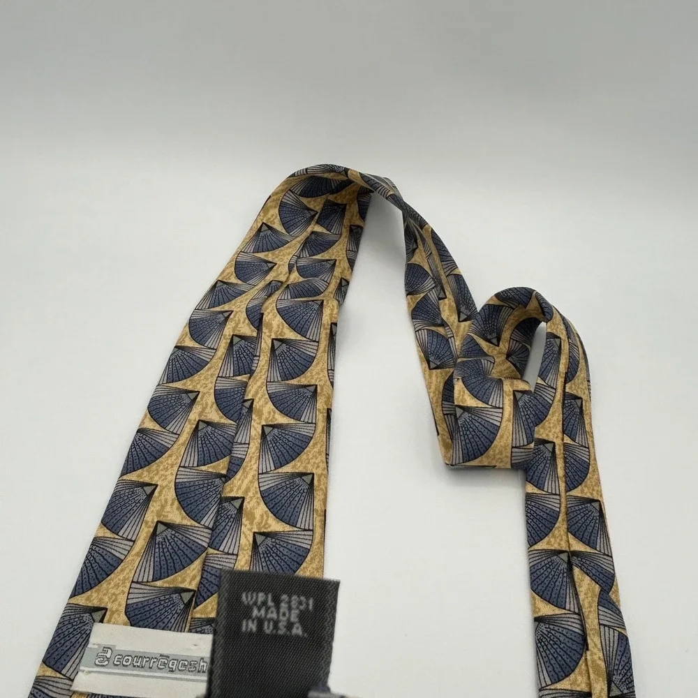 Courreges Homme Necktie Mens OS Tan Blue Silk Geometric Art Deco 90s Vintage